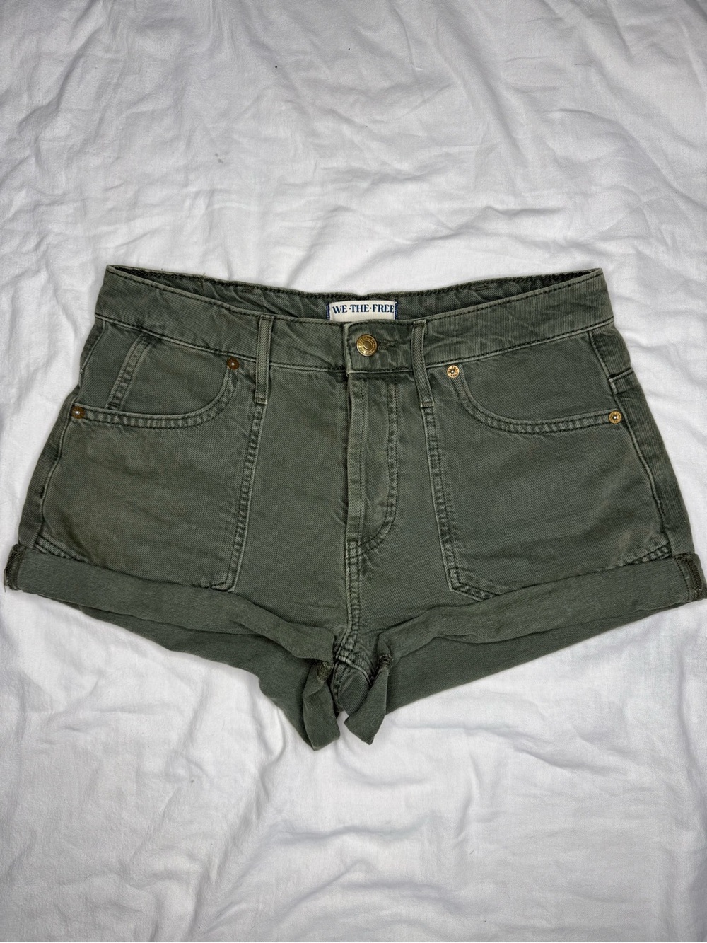 Free People Olive Green Rolled Hem Denim Shorts